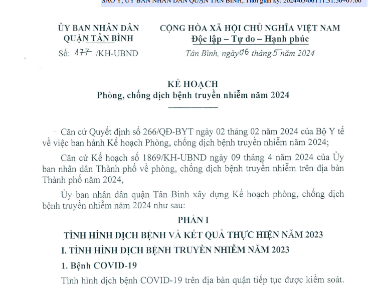 Kế hoạch số 177/KH-UBND ngày 06/5/2024 của UBND quận Tân Bình về việc Phòng, chống dịch bệnh truyền nhiễm năm 2024