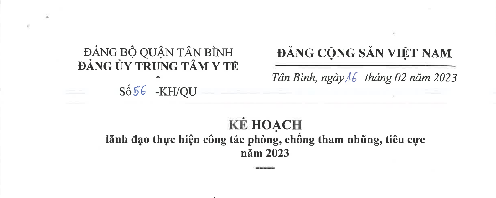 KẾ HOẠCH PHÒNG, CHỐNG THAM NHŨNG, TIÊU CỰC 2023 CỦA ĐẢNG ỦY