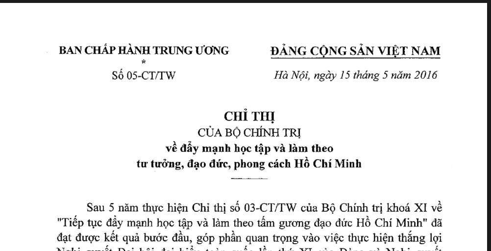 Chỉ thị số 05-CT/TW ngày 15/5/2016 của Ban chấp hành Trung Ương về đẩy mạnh học tập và làm theo tư tưởng, đạo đức, phong cách Hồ Chí Minh