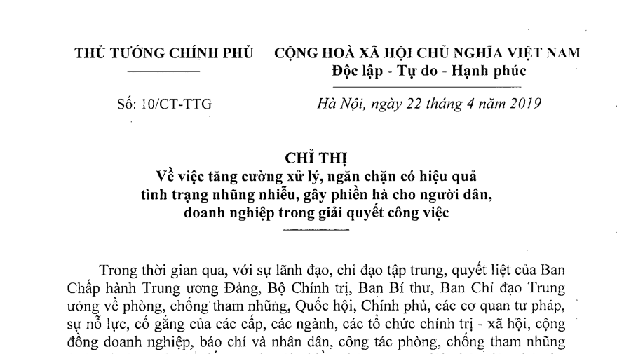 Chỉ thị số 10/CT-TTG ngày 22/4/2019 của Thủ tướng chính phủ về việc tăng cường xử lý, ngăn chặn có hiệu quả tình trạng nhũng nhiễu, gây phiền hà cho người dân, doanh nghiệp trong giải quyết công việc