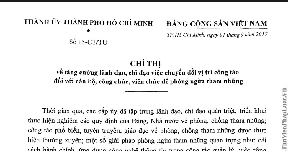 Chỉ thị số 15-CT/TU ngày 01/9/2017 về tăng cường lãnh đạo, chỉ đạo việc chuyển đổi vị trí công tác đối với cán bộ, công chức, viên chức để phòng ngừa tham nhũng