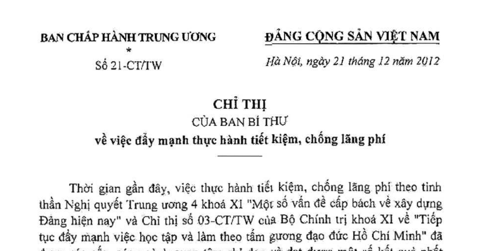 Chỉ thị số 21-CT/TW ngày 21/12/2012 về việc đẩy mạnh thực hành tiết kiệm, chống lãng phí