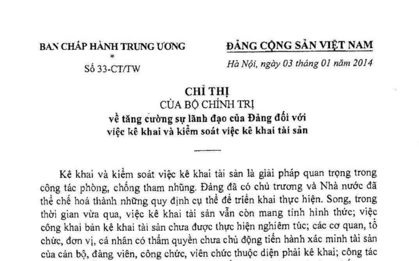 Chỉ thị số 33-CT/TW ngày 03/01/2014 về tăng cường sự lãnh đạo của Đảng đối với việc kê khai và kiểm soát việc kê khai tài sản