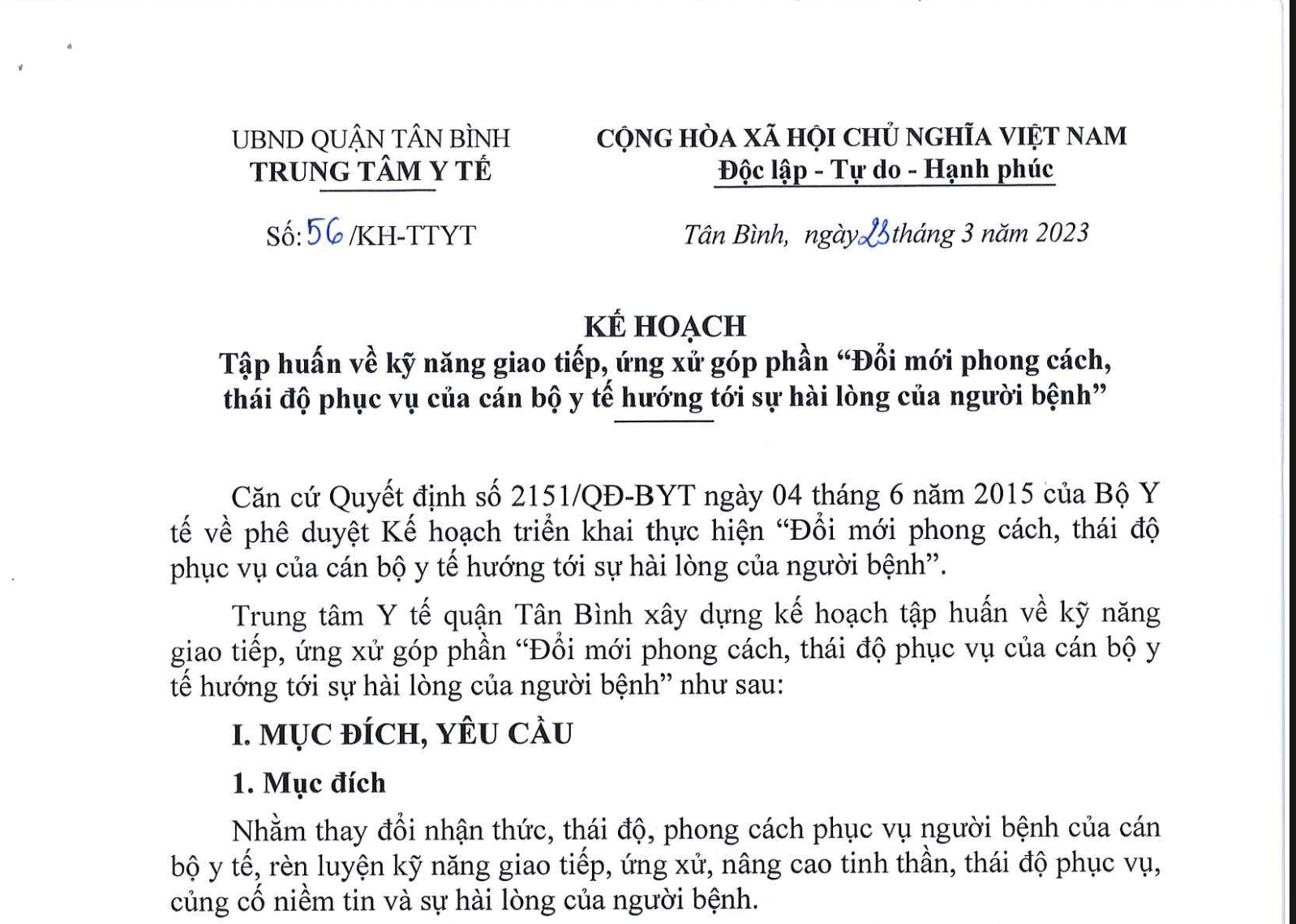 KẾ HOẠCH SỐ 56/KH-TTYT _ KẾ HOẠCH TẬP HUẤN KỸ NĂNG GIAO TIẾP ỨNG XỬ NĂM 2023