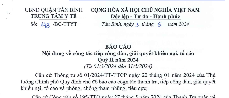 Báo cáo số 148/BC-TTYT ngày 03/6/2024 của TTYT quận Tân Bình về công tác tiếp công dân, giải quyết khiếu nại, tố cáo Quý II năm 2024 (từ 01/3/2024 đến 31/5/2024)