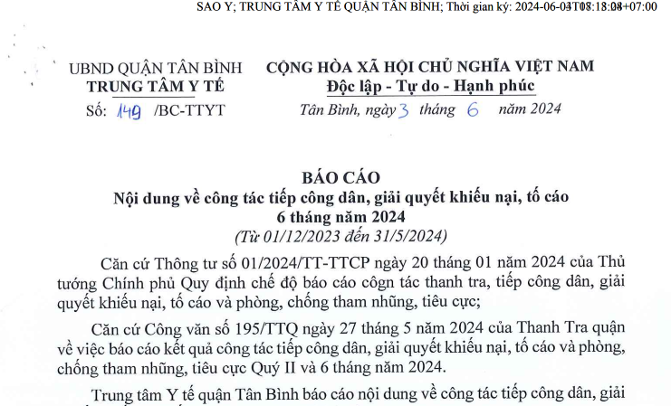 Báo cáo số 149/BC-TTYT ngày 03/6/2024 của TTYT quận Tân Bình về công tác tiếp công dân, giải quyết khiếu nại, tố cáo 6 tháng năm 2024 (từ 01/12/2023-31/5/2024)