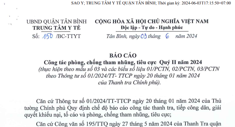 Báo cáo số 150/BC-TTYT ngày 03/6/2024 của TTYT quận Tân Bình về công tác phòng, chống tham nhũng, tiêu cực Quý II năm 2024