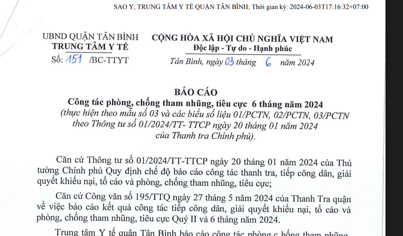 Báo cáo số 151/BC-TTYT ngày 03/6/2024 của TTYT quận Tân Bình về công tác phòng chống tham nhũng, tiêu cực 6 tháng năm 2024
