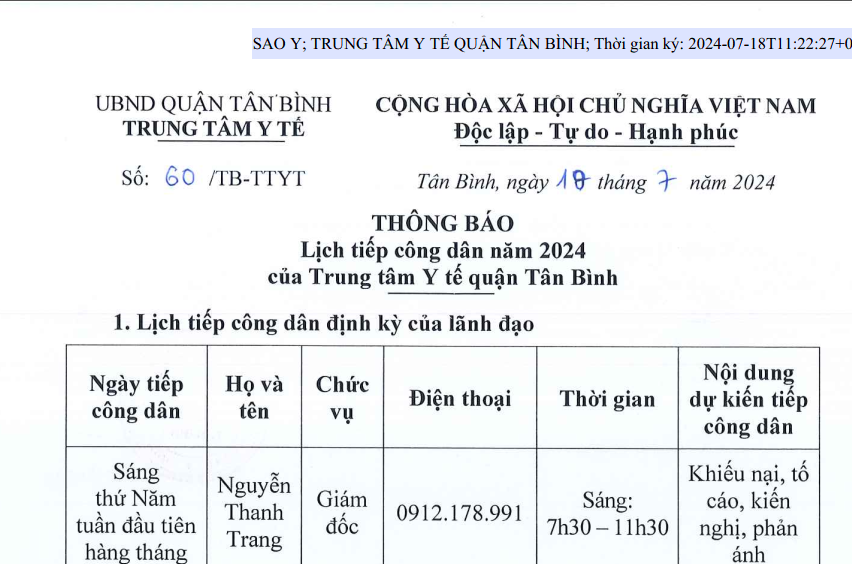 Thông báo số 60/TB-TTYT ngày 18/7/2024 Thông báo lịch tiếp công dân năm 2024 của Trung tâm Y tế quận Tân Bình