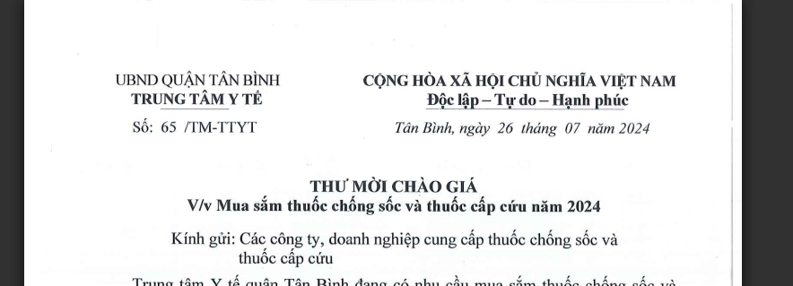 Thư mời chào giá số 65/TM-TTYT ngày 26/7/2024 về việc Mua sắm thuốc chống sốc và thuốc cấp cứu năm 2024