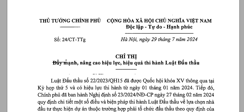 Chỉ thị số 24/CT-TTg ngày 29/7/2024 về đẩy mạnh, nâng cao hiệu lực, hiệu quả thi hành Luật Đấu thầu