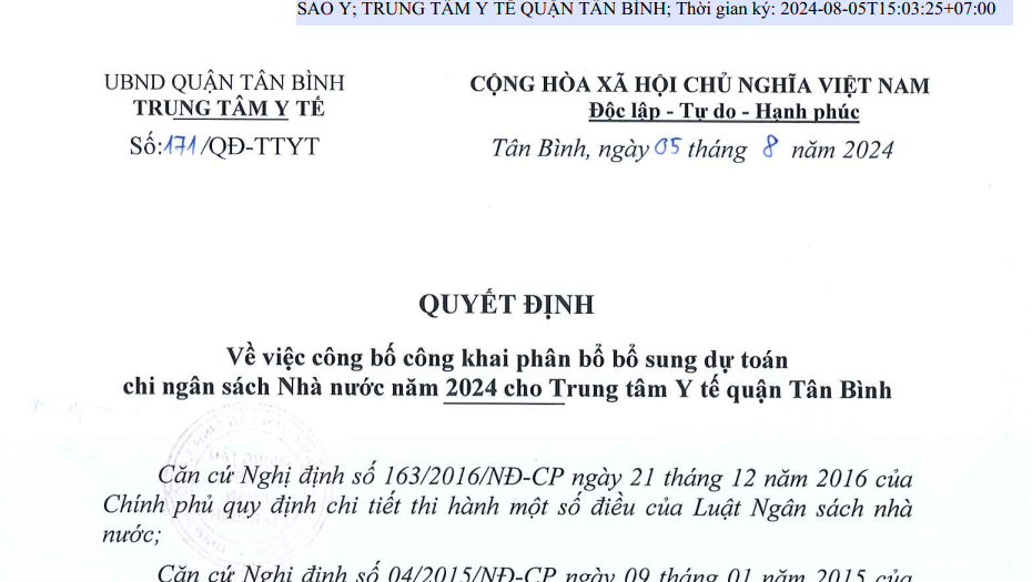 Quyết định số 171/QĐ-TTYT ngày 05/8/2024 của TTYT Tân Bình về việc công bố công khai phân bổ bổ sung dự toán chi ngân sách Nhà nước năm 2024 cho Trung Tâm Y tế quận Tân Bình