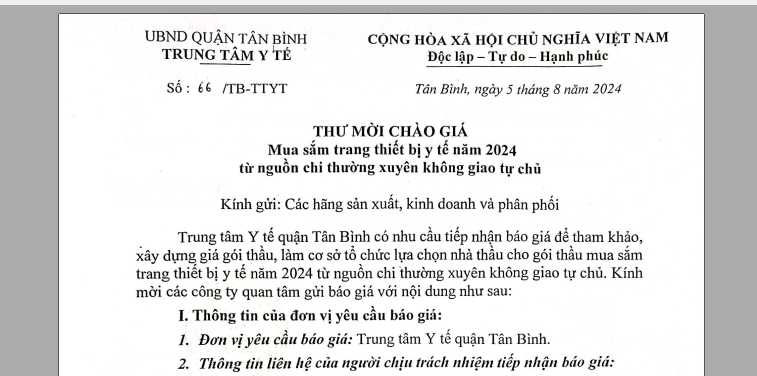 Thư mời chào giá số 66/TB-TTYT ngày 05/8/2024 của TTYT quận Tân Bình về Mua sắm trang thiết bị y tế năm 2024 từ nguồn chi thường xuyên không giao tự chủ