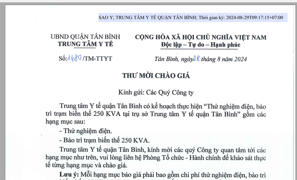 Thư mời chào giá số 1480/TM-TTYT ngày 28/8/2024 của Trung tâm Y tế quận Tân Bình