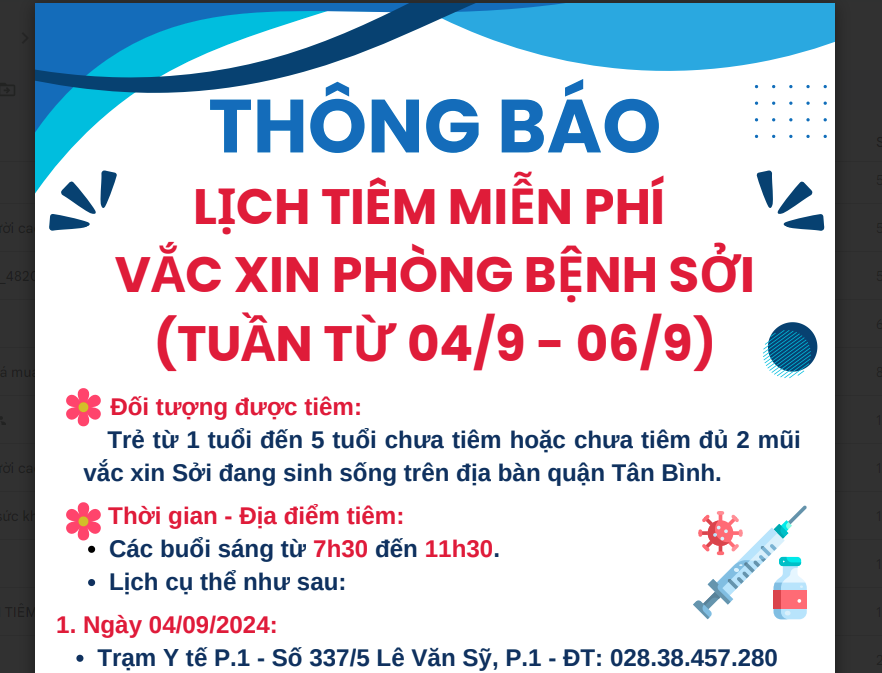 Thông báo lịch tiêm miễn phí vắc xin phòng bệnh sởi