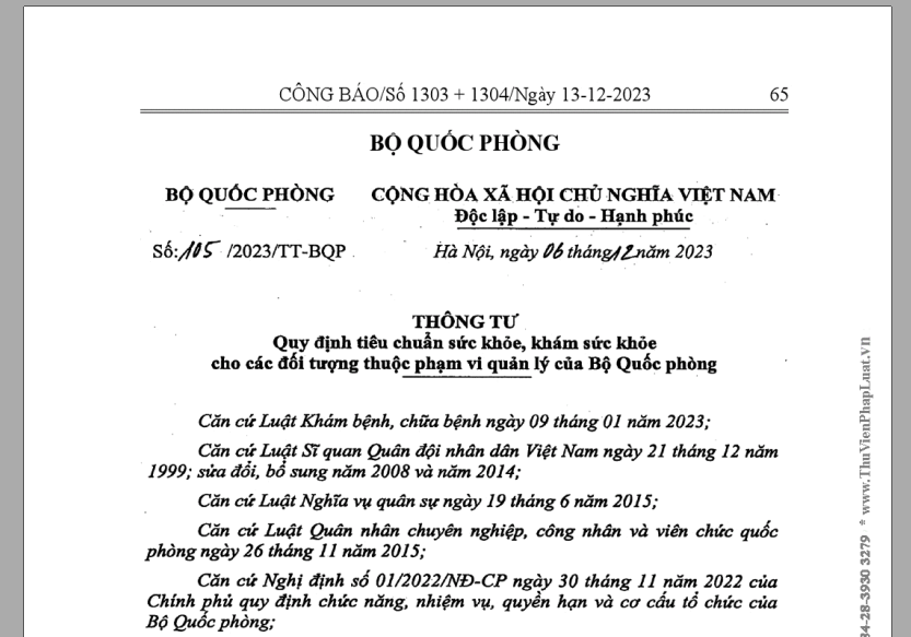 Thông tư số 105/2023/TT-BQP ngày 06/12/2023 quy định tiêu chuẩn sức khỏe, khám sức khỏe cho các đối tượng thuộc phạm vi quản lý của Bộ Quốc Phòng