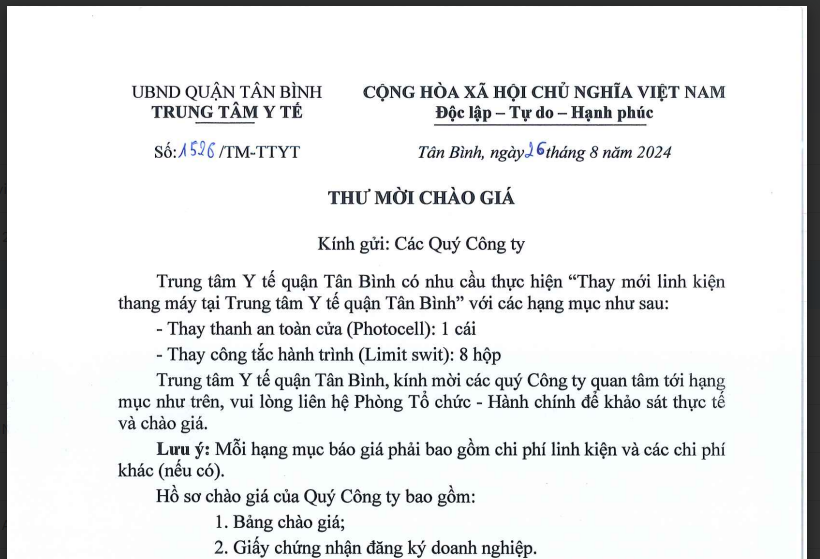 Thư mời chào giá số 1526/TM-TTYT ngày 26/8/2024 của Trung tâm Y tế quận Tân Bình