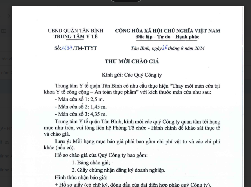 Thư mời chào giá số 1527/TM-TTYT ngày 26/8/2024 của Trung tâm Y tế quận Tân Bình